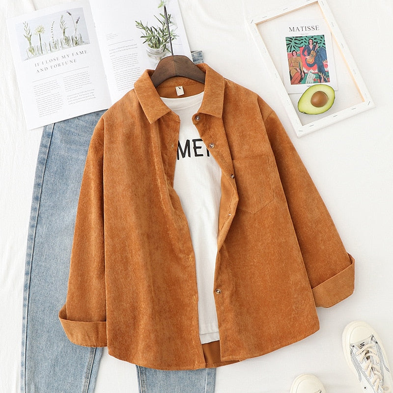 Corduroy  Solid Loose Boyfriend Style Shirt